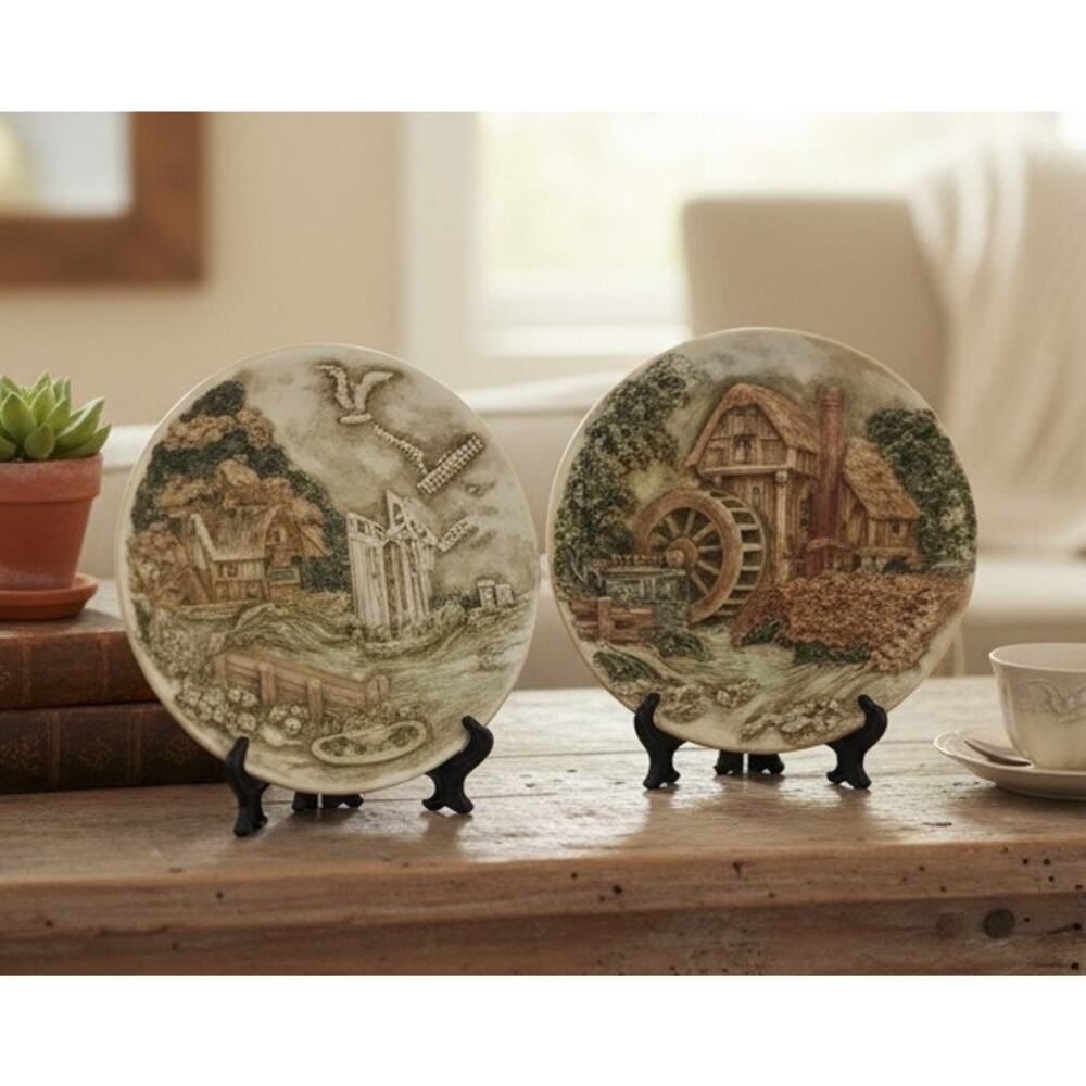 Vintage Chalkware Watermill & Seaport Wall Art Plates 10.5" - Lot of 2